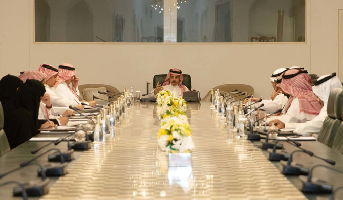 Prince Faisal bin Farhan during a meeting with thinkers and researchers in Riyadh. (Twitter @KSAMOFA)
