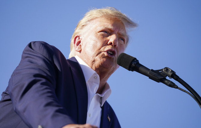 Former President Donald Trump speaks at a campaign rally at Waco Regional Airport, Saturday, March 25, 2023, in Waco, Texas. (AP
