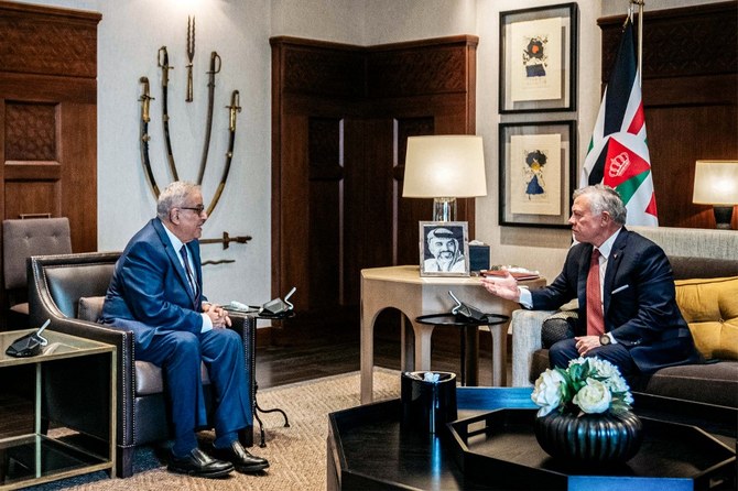 Jordan’s King Abdullah II receives Lebanon’s Foreign Minister Abdallah Bou Habib at Al-Husseiniya Palace in Amman.