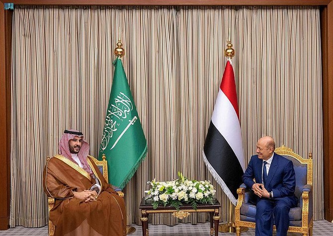 Saudi Defense Minister Prince Khalid bin Salman meets Rashad Mohammed Al-Alimi in Riyadh. (SPA)