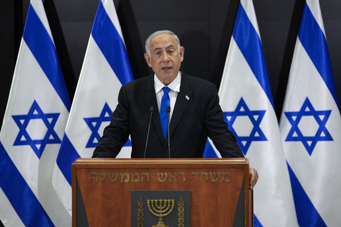 Israeli Prime Minister Benjamin Netanyahu speaks to the media during a press conference, in Tel Aviv, Israel, Monday, April 10.