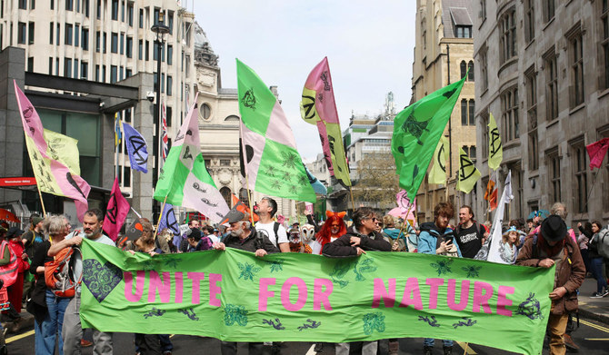 Protesters take part in a demonstration march by the climate change protest group Extinction Rebellion in London on Saturday. 
