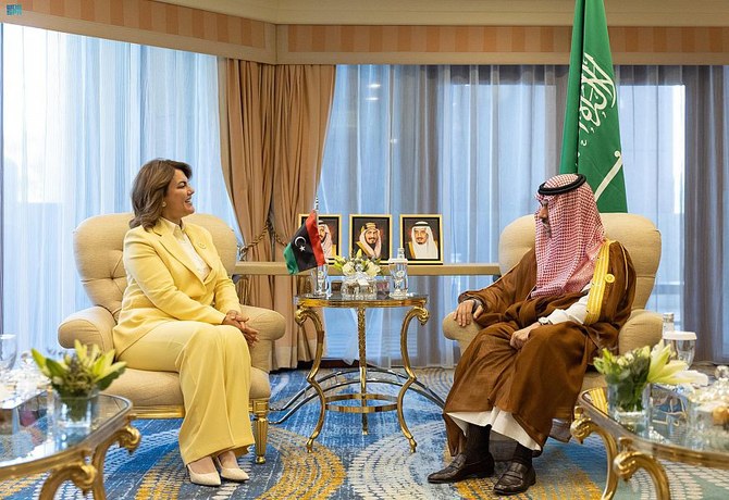 Saudi FM Prince Faisal bin Farhan and his Libyan counterpart Najla Mangoush. (SPA)
