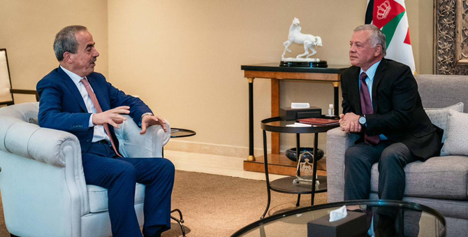 King Abdullah II of Jordan is interviewed by Ghassan Charbel, editor-in-chief of Asharq Al-Awsat newspaper. (Supplied)