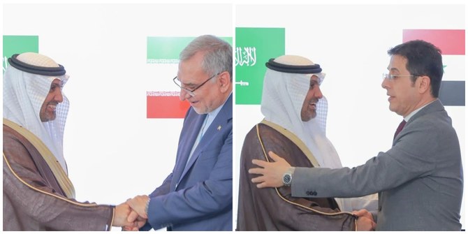 Saudi Minister of Health Fahad Al-Jalajel greets Iran’s Health Minister Dr. Bahram Eynollahi (L) and his Syrian counterpart (R).