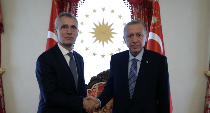 Turkey’s President Tayyip Erdogan shakes hands with NATO Secretary General Jens Stoltenberg in Istanbul, Turkey, June 4, 2023. 
