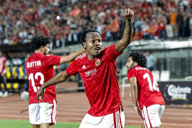 Al-Ahly’s South African forward Percy Tau (C) reacts during the first-leg final football match of the CAF Champions League.