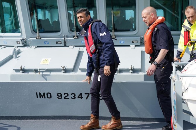 Britain's Prime Minister Rishi Sunak travels aboard Border Force cutter 'HMC Seeker' during a visit to the English Channel.