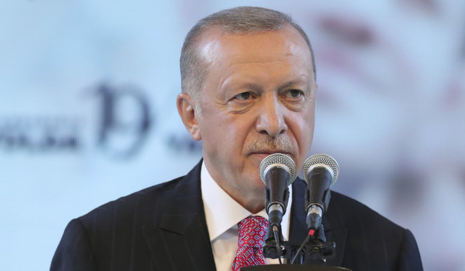 Turkey's President Recep Tayyip Erdogan addresses his party members, in Ankara, Turkey, late Thursday, Aug. 13, 2020. (AP)