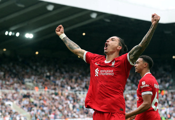 Liverpool’s Darwin Nunez celebrates scoring their first goal. (Reuters)