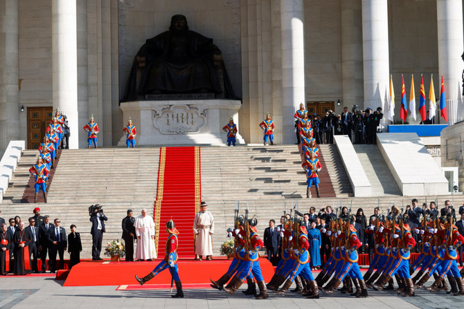 Pope praises Mongolia’s tradition of religious freedom from times of Genghis Khan at start of visit