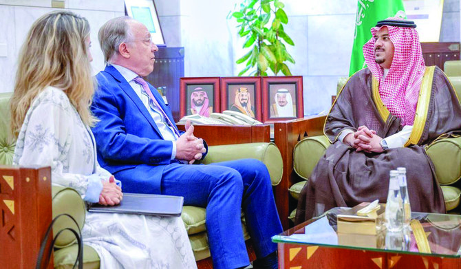 Prince Mohammed bin Abdulrahman bin Abdulaziz holds talks with Guillermo Nielsen in Riyadh. (Supplied)