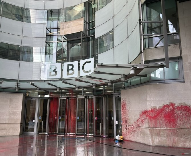 Pro-Palestine activists spray red paint on BBC building in London protesting ‘biased’ coverage