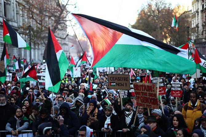 Protesters take part in a ‘National March For Palestine’ in central London on November 25, 2023, calling for a ceasefire.