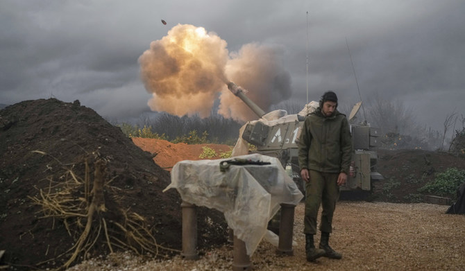 An Israeli mobile artillery unit fires a shell from northern Israel towards Lebanon, Thursday, Jan. 11, 2024. (AP)