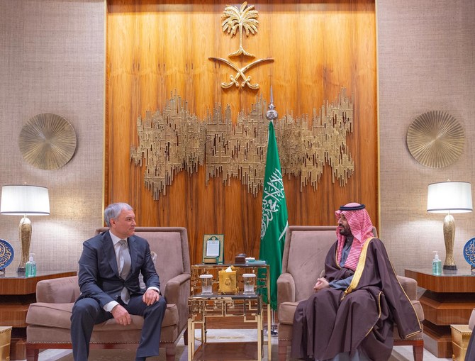 Saudi Arabia’s Crown Prince Mohammed bin Salman receives the Chairman of Russia’s State Duma Vyacheslav Volodin in Riyadh.