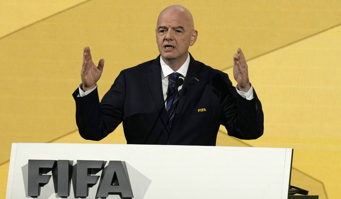 FIFA President Gianni Infantino delivers his speech at the FIFA Congress in Bangkok, Thailand, Friday, May 17, 2024. (AP)
