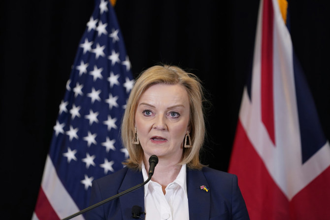 British Foreign Secretary Liz Truss speaks at the Atlantic Council's 2022 Christopher J. Makins lecture in Washington on March 10, 2022, on the Russia's invasion of Ukraine. (AP Photo/Susan Walsh)