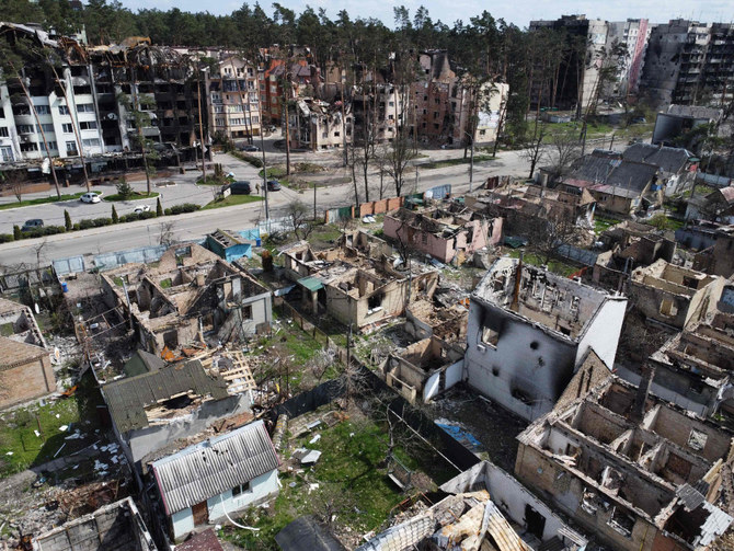 This aerial photograph taken on April 24, 2022 shows a destroyed residential area in Irpin, northwest of Kyiv, amid the Russian invasion of Ukraine. (Genya Savilov / AFP)