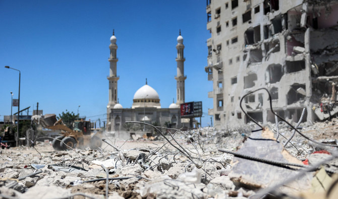 The remaining rubble of the Hanadi Tower, a building that was levelled in an Israeli attack Gaza Strip, on July 8, 2021. (AFP)