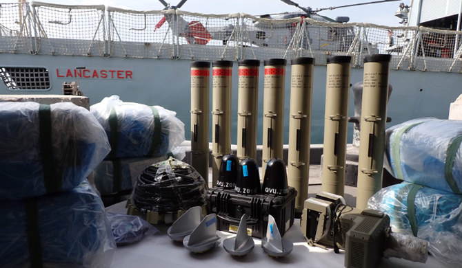 Seized weapons and components aboard HMS Lancaster in the Gulf of Oman. (AFP)