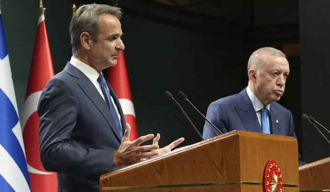 Greek Prime Minister Kyriakos Mitsotakis, left, and Turkish President Recep Tayyip Erdogan in Ankara, Turkey. (AP)
