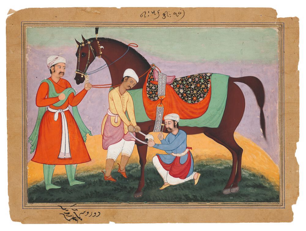 a horse and three grooms